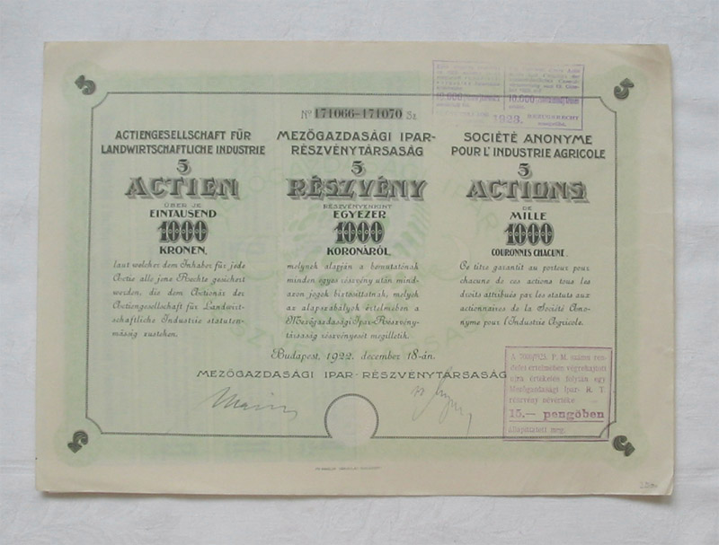 Mezőgazdasági Ipar Rt. 5x1000 korona 1922